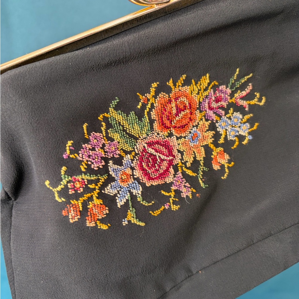 Embroidered Black Floral Evening Clutch